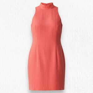 Vintage 90s Coral Silk Sleeveless Mod Mock Neck Mini Dress Size 8 Moda Int’l